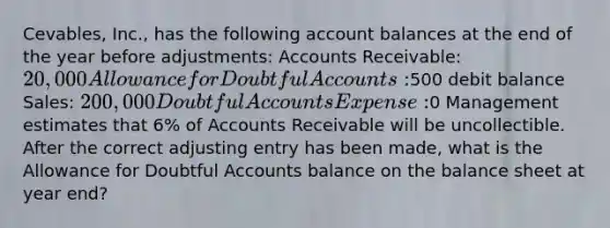 Cevables, Inc., has the following account balances at the end of the year before adjustments: Accounts Receivable: 20,000 Allowance for Doubtful Accounts:500 debit balance Sales: 200,000 Doubtful Accounts Expense:0 Management estimates that 6% of Accounts Receivable will be uncollectible. After the correct adjusting entry has been made, what is the Allowance for Doubtful Accounts balance on the balance sheet at year end?