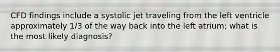 CFD findings include a systolic jet traveling from the left ventricle approximately 1/3 of the way back into the left atrium; what is the most likely diagnosis?