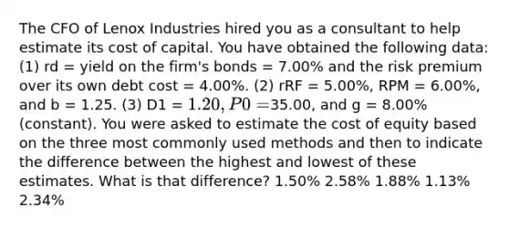 The CFO of Lenox Industries hired you as a consultant to help estimate its cost of capital. You have obtained the following data: (1) rd = yield on the firm's bonds = 7.00% and the risk premium over its own debt cost = 4.00%. (2) rRF = 5.00%, RPM = 6.00%, and b = 1.25. (3) D1 = 1.20, P0 =35.00, and g = 8.00% (constant). You were asked to estimate the cost of equity based on the three most commonly used methods and then to indicate the difference between the highest and lowest of these estimates. What is that difference? 1.50% 2.58% 1.88% 1.13% 2.34%