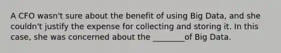 A CFO wasn't sure about the benefit of using Big Data, and she couldn't justify the expense for collecting and storing it. In this case, she was concerned about the ________of Big Data.