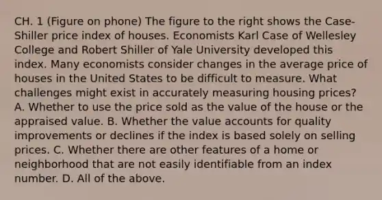 CH. 1 (Figure on phone) The figure to the right shows the​ Case-Shiller price index of houses. Economists Karl Case of Wellesley College and Robert Shiller of Yale University developed this index. Many economists consider changes in the average price of houses in the United States to be difficult to measure. What challenges might exist in accurately measuring housing​ prices? A. Whether to use the price sold as the value of the house or the appraised value. B. Whether the value accounts for quality improvements or declines if the index is based solely on selling prices. C. Whether there are other features of a home or neighborhood that are not easily identifiable from an index number. D. All of the above.