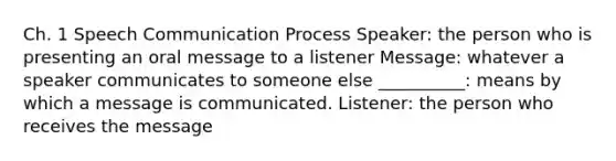 Ch. 1 Speech Communication Process Speaker: the person who is presenting an oral message to a listener Message: whatever a speaker communicates to someone else __________: means by which a message is communicated. Listener: the person who receives the message