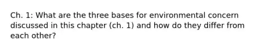 Ch. 1: What are the three bases for environmental concern discussed in this chapter (ch. 1) and how do they differ from each other?