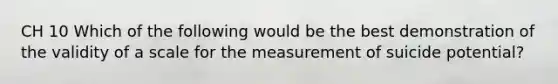 CH 10 Which of the following would be the best demonstration of the validity of a scale for the measurement of suicide potential?