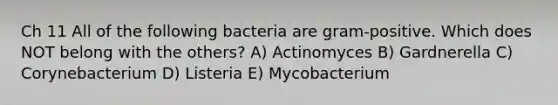 Ch 11 All of the following bacteria are gram-positive. Which does NOT belong with the others? A) Actinomyces B) Gardnerella C) Corynebacterium D) Listeria E) Mycobacterium