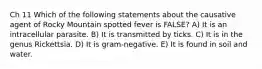 Ch 11 Which of the following statements about the causative agent of Rocky Mountain spotted fever is FALSE? A) It is an intracellular parasite. B) It is transmitted by ticks. C) It is in the genus Rickettsia. D) It is gram-negative. E) It is found in soil and water.