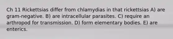 Ch 11 Rickettsias differ from chlamydias in that rickettsias A) are gram-negative. B) are intracellular parasites. C) require an arthropod for transmission. D) form elementary bodies. E) are enterics.