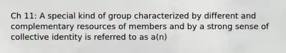 Ch 11: A special kind of group characterized by different and complementary resources of members and by a strong sense of collective identity is referred to as a(n)