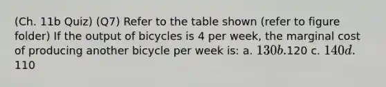 (Ch. 11b Quiz) (Q7) Refer to the table shown (refer to figure folder) If the output of bicycles is 4 per week, the marginal cost of producing another bicycle per week is: a. 130 b.120 c. 140 d.110