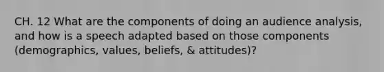 CH. 12 What are the components of doing an audience analysis, and how is a speech adapted based on those components (demographics, values, beliefs, & attitudes)?