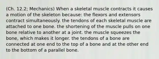 (Ch. 12.2; Mechanics) When a skeletal muscle contracts it causes a motion of the skeleton because: the flexors and extensors contract simultaneously. the tendons of each skeletal muscle are attached to one bone. the shortening of the muscle pulls on one bone relative to another at a joint. the muscle squeezes the bone, which makes it longer. the tendons of a bone are connected at one end to the top of a bone and at the other end to the bottom of a parallel bone.