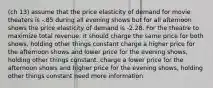 (ch 13) assume that the price elasticity of demand for movie theaters is -.85 during all evening shows but for all afternoon shows the price elasticity of demand is -2.28. For the theatre to maximize total revenue, it should charge the same price for both shows, holding other things constant charge a higher price for the afternoon shows and lower price for the evening shows, holding other things constant. charge a lower price for the afternoon shows and higher price for the evening shows, holding other things constant need more information