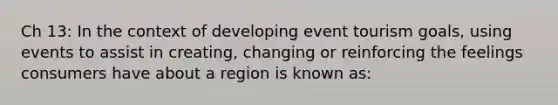 Ch 13: In the context of developing event tourism goals, using events to assist in creating, changing or reinforcing the feelings consumers have about a region is known as: