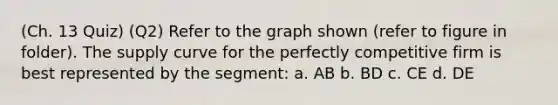 (Ch. 13 Quiz) (Q2) Refer to the graph shown (refer to figure in folder). The supply curve for the perfectly competitive firm is best represented by the segment: a. AB b. BD c. CE d. DE