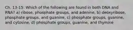 Ch. 13-15: Which of the following are found in both DNA and RNA? a) ribose, phosphate groups, and adenine, b) deoxyribose, phosphate groups, and guanine, c) phosphate groups, guanine, and cytosine, d) phosphate groups, guanine, and thymine