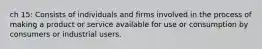 ch 15: Consists of individuals and firms involved in the process of making a product or service available for use or consumption by consumers or industrial users.