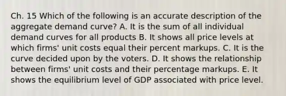 Ch. 15 Which of the following is an accurate description of the aggregate demand curve? A. It is the sum of all individual demand curves for all products B. It shows all price levels at which firms' unit costs equal their percent markups. C. It is the curve decided upon by the voters. D. It shows the relationship between firms' unit costs and their percentage markups. E. It shows the equilibrium level of GDP associated with price level.