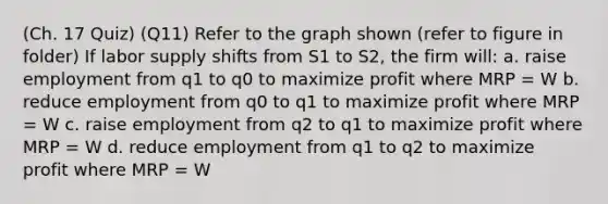 (Ch. 17 Quiz) (Q11) Refer to the graph shown (refer to figure in folder) If labor supply shifts from S1 to S2, the firm will: a. raise employment from q1 to q0 to maximize profit where MRP = W b. reduce employment from q0 to q1 to maximize profit where MRP = W c. raise employment from q2 to q1 to maximize profit where MRP = W d. reduce employment from q1 to q2 to maximize profit where MRP = W