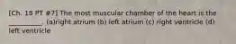 [Ch. 18 PT #7] The most muscular chamber of the heart is the __________. (a)right atrium (b) left atrium (c) right ventricle (d) left ventricle