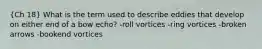 (Ch 18) What is the term used to describe eddies that develop on either end of a bow echo? -roll vortices -ring vortices -broken arrows -bookend vortices