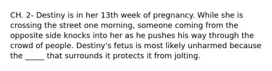 CH. 2- Destiny is in her 13th week of pregnancy. While she is crossing the street one morning, someone coming from the opposite side knocks into her as he pushes his way through the crowd of people. Destiny's fetus is most likely unharmed because the _____ that surrounds it protects it from jolting.