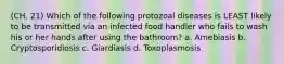 (CH. 21) Which of the following protozoal diseases is LEAST likely to be transmitted via an infected food handler who fails to wash his or her hands after using the bathroom? a. Amebiasis b. Cryptosporidiosis c. Giardiasis d. Toxoplasmosis