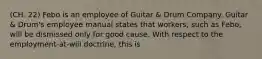 (CH. 22) Febo is an employee of Guitar & Drum Company. Guitar & Drum's employee manual states that workers, such as Febo, will be dismissed only for good cause. With respect to the employment-at-will doctrine, this is