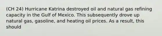 (CH 24) Hurricane Katrina destroyed oil and natural gas refining capacity in the Gulf of Mexico. This subsequently drove up natural gas, gasoline, and heating oil prices. As a result, this should