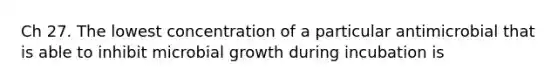 Ch 27. The lowest concentration of a particular antimicrobial that is able to inhibit microbial growth during incubation is