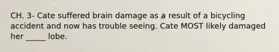 CH. 3- Cate suffered brain damage as a result of a bicycling accident and now has trouble seeing. Cate MOST likely damaged her _____ lobe.