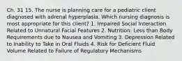 Ch. 31 15. The nurse is planning care for a pediatric client diagnosed with adrenal hyperplasia. Which nursing diagnosis is most appropriate for this client? 1. Impaired Social Interaction Related to Unnatural Facial Features 2. Nutrition: Less than Body Requirements due to Nausea and Vomiting 3. Depression Related to Inability to Take in Oral Fluids 4. Risk for Deficient Fluid Volume Related to Failure of Regulatory Mechanisms