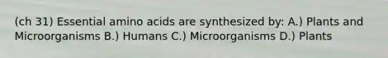 (ch 31) Essential amino acids are synthesized by: A.) Plants and Microorganisms B.) Humans C.) Microorganisms D.) Plants