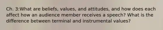 Ch. 3:What are beliefs, values, and attitudes, and how does each affect how an audience member receives a speech? What is the difference between terminal and instrumental values?