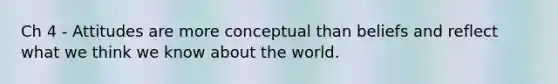 Ch 4 - Attitudes are more conceptual than beliefs and reflect what we think we know about the world.