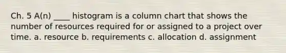 Ch. 5 A(n) ____ histogram is a column chart that shows the number of resources required for or assigned to a project over time. a. resource b. requirements c. allocation d. assignment