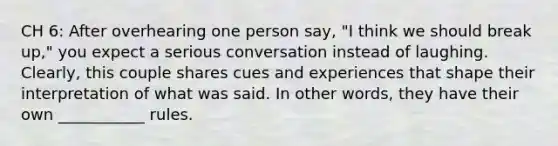 CH 6: After overhearing one person say, "I think we should break up," you expect a serious conversation instead of laughing. Clearly, this couple shares cues and experiences that shape their interpretation of what was said. In other words, they have their own ___________ rules.