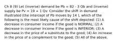 Ch 8 (9) Let (inverse) demand be Pb = 82 - 3 Qb and (inverse) supply be Pv = 19 + 1 Qv. Consider the shift in demand illustrated (the intercept of Pb moves by 14 ), which of the following is the most likely cause of the shift depicted: (1) A decrease in consumer income if the good is NORMAL; (2) A decrease in consumer income if the good is INFERIOR; (3) A decrease in the price of a substitute to the good; (4) An increase in the price of a complement to the good; (5) All of the above.