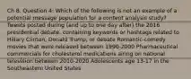 Ch 8. Question 4: Which of the following is not an example of a potential message population for a content analysis study? Tweets posted during (and up to one day after) the 2016 presidential debate, containing keywords or hashtags related to Hillary Clinton, Donald Trump, or debate Romantic-comedy movies that were released between 1990-2000 Pharmaceutical commercials for cholesterol medications airing on national television between 2010-2020 Adolescents age 13-17 in the Southeastern United States