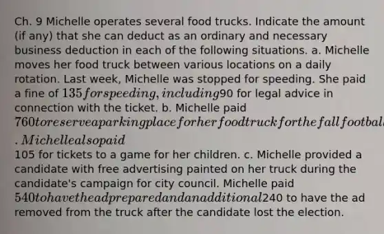 Ch. 9 Michelle operates several food trucks. Indicate the amount (if any) that she can deduct as an ordinary and necessary business deduction in each of the following situations. a. Michelle moves her food truck between various locations on a daily rotation. Last week, Michelle was stopped for speeding. She paid a fine of 135 for speeding, including90 for legal advice in connection with the ticket. b. Michelle paid 760 to reserve a parking place for her food truck for the fall football season outside the local football stadium. Michelle also paid105 for tickets to a game for her children. c. Michelle provided a candidate with free advertising painted on her truck during the candidate's campaign for city council. Michelle paid 540 to have the ad prepared and an additional240 to have the ad removed from the truck after the candidate lost the election.