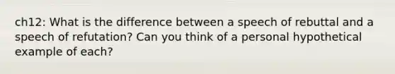 ch12: What is the difference between a speech of rebuttal and a speech of refutation? Can you think of a personal hypothetical example of each?