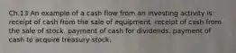 Ch.13 An example of a cash flow from an investing activity is: receipt of cash from the sale of equipment. receipt of cash from the sale of stock. payment of cash for dividends. payment of cash to acquire treasury stock.