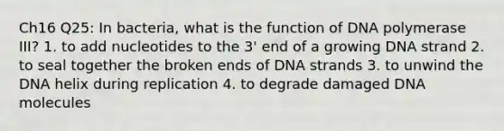 Ch16 Q25: In bacteria, what is the function of DNA polymerase III? 1. to add nucleotides to the 3' end of a growing DNA strand 2. to seal together the broken ends of DNA strands 3. to unwind the DNA helix during replication 4. to degrade damaged DNA molecules