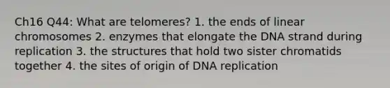 Ch16 Q44: What are telomeres? 1. the ends of linear chromosomes 2. enzymes that elongate the DNA strand during replication 3. the structures that hold two sister chromatids together 4. the sites of origin of DNA replication