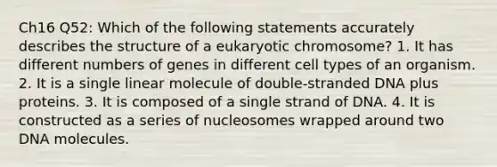 Ch16 Q52: Which of the following statements accurately describes the structure of a eukaryotic chromosome? 1. It has different numbers of genes in different cell types of an organism. 2. It is a single linear molecule of double-stranded DNA plus proteins. 3. It is composed of a single strand of DNA. 4. It is constructed as a series of nucleosomes wrapped around two DNA molecules.