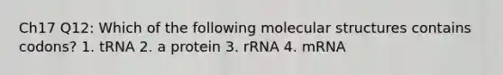 Ch17 Q12: Which of the following molecular structures contains codons? 1. tRNA 2. a protein 3. rRNA 4. mRNA