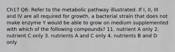 Ch17 Q6: Refer to the metabolic pathway illustrated. If I, II, III and IV are all required for growth, a bacterial strain that does not make enzyme Y would be able to grow on medium supplemented with which of the following compounds? 11. nutrient A only 2. nutrient C only 3. nutrients A and C only 4. nutrients B and D only