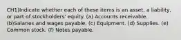 CH1)Indicate whether each of these items is an asset, a liability, or part of stockholders' equity. (a) Accounts receivable. (b)Salaries and wages payable. (c) Equipment. (d) Supplies. (e) Common stock. (f) Notes payable.