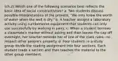 (ch.2) Which one of the following scenarios best reflects the basic idea of social constructivism? a. Two students discuss possible interpretations of the proverb, "We only know the worth of water when the well is dry." b. A teacher assigns a laboratory activity using cumbersome equipment that students can only use successfully by working in pairs. c. When a student borrows a classmate's marker without asking and then leaves the cap off overnight, her teacher reminds her of one of the class rules—to respect other people's property. d. Four students in a study group divide the reading assignment into four sections. Each student reads a section and then teaches the material to the other group members.