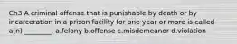 Ch3 A criminal offense that is punishable by death or by incarceration in a prison facility for one year or more is called a(n) ________. a.felony b.offense c.misdemeanor d.violation