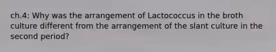 ch.4: Why was the arrangement of Lactococcus in the broth culture different from the arrangement of the slant culture in the second period?